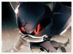  1boy animal_ears armor artist_name black_background black_sclera blue_armor bolt border colored_sclera commentary fake_animal_ears gradient_background grey_armor grey_background hedgehog_ears highres looking_to_the_side male_focus mechanical_arms metal_sonic multicolored_armor ombeo_o pointy_nose red_eyes robot simple_background solo sonic_(series) standing symbol-only_commentary white_border 