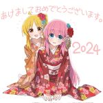  2024 2girls blonde_hair blue_flower blush bocchi_the_rock! floral_print_kimono flower gotoh_hitori hair_flower hair_ornament happy_new_year highres japanese_clothes kimono kita_ikuyo looking_at_viewer multiple_girls nervous orange_hair orange_kimono pink_hair red_flower red_kimono smile to9_722 translation_request white_background 