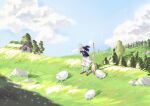  1girl ankle_socks black_capelet black_headwear blue_sky blush_stickers broom capelet censored chinese_commentary cloud commentary_request day dress field frilled_sleeves frills full_body hair_lift hand_on_own_head hat highres house landscape long_hair long_sleeves mary_janes medium_dress mosaic_censoring no_eyes open_mouth orange_hair original outdoors red_footwear shadow sheep shoes sky smile socks solo suancai_mie tree white_dress white_sleeves white_socks wind wind_lift witch witch_hat 