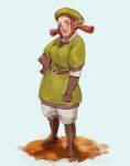  1girl blue_eyes brown_footwear brown_gloves full_body gloves green_headwear green_tunic highres karane looking_at_viewer neve_(neve_ko) short_hair short_twintails simple_background sketch solo standing the_legend_of_zelda the_legend_of_zelda:_skyward_sword thick_eyebrows twintails white_background 