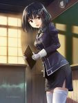  1girl black_hair blush breasts brown_eyes desk gloves haguro_(kantai_collection) hair_ornament hairclip jacket kantai_collection looking_at_viewer open_mouth purple_jacket remodel_(kantai_collection) school_desk short_hair skirt smile snor34 solo thighhighs uniform white_gloves white_legwear 