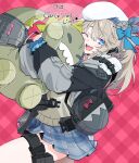  1girl animal_bag backpack bag beret blonde_hair blue_bow bow citron80citron fur-trimmed_jacket fur_trim girls&#039;_frontline girls&#039;_frontline_2:_exilium hair_bow hat highres hug hugging_object jacket long_hair one_eye_closed one_side_up open_clothes open_jacket open_mouth plaid plaid_skirt pleated_skirt second-party_source shoulder_bag skirt smile solo teeth upper_teeth_only vepley_(girls&#039;_frontline_2) white_headwear 