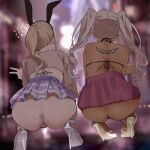  2girls ambulocetus anal anal_hair anus ass back back_tattoo bikini bikini_top_only bimbofication black_bikini black_choker black_nails black_skirt blue_skirt blurry blurry_background blush brown_shirt choker commentary_request crop_top female_pubic_hair flying_sweatdrops from_behind grey_hair gyaru heart high_heels highres jewelry light_brown_hair long_hair microskirt miniskirt multiple_girls nijisanji no_panties pink_skirt pleated_skirt ponytail pubic_hair pussy ring shirt sister_claire skirt squatting swimsuit tattoo todoroki_kyouko twintails virtual_youtuber w white_footwear white_nails yellow_footwear 