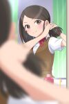  1girl black_eyes black_hair blurry blurry_foreground blush bow bowtie breasts brown_dress closed_mouth dot_nose dress hands_up highres idolmaster idolmaster_cinderella_girls idolmaster_cinderella_girls_starlight_stage looking_at_mirror mirror no_eyewear red_bow red_bowtie saejima_kiyomi school_uniform shirt short_hair short_sleeves small_breasts smile solo toothbrush tying_hair white_shirt yama_tatsuo 
