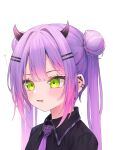  1girl 333shishishi333 black_shirt commentary demon_horns double_bun drooling ear_piercing green_eyes hair_bun hair_ornament hairclip highres hololive horns light_blush long_hair looking_to_the_side mouth_drool multicolored_hair necktie official_alternate_costume open_mouth piercing pink_hair purple_hair purple_necktie shirt simple_background smile solo tokoyami_towa tokoyami_towa_(school_uniform) twintails upper_body virtual_youtuber white_background wing_collar 