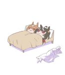  1other absurdres akaya_shiki bed black_hair blanket blush_stickers brown_hair character_doll doll doqute_stuffed_doll highres kitasan_black_(umamusume) lying on_floor on_side oversized_object pillow satono_diamond_(umamusume) stuffed_toy t-head_trainer umamusume white_background 