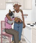 absurd_res anthro bovid bovine canid canine canis cattle cxeroannuki domestic_dog duo eyewear glasses hi_res kitchen male male/male mammal romantic sitting smile