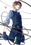  1boy arms_at_sides blue_eyes blue_necktie blue_pants blue_shirt collared_shirt cropped_legs earphones hair_slicked_back highres holding holding_rope jin_yuuichi looking_at_viewer male_focus morita_yuu necktie pants parted_lips rope shirt short_hair sideways_glance simple_background sleeves_rolled_up smirk solo suspenders vest white_background world_trigger 