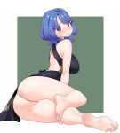  1girl ambriel_(original_character) ass ass_focus barefoot blue_archive blue_hair breasts china_dress chinese_clothes cosplay dress feet highres igni_tion kisaki_(blue_archive) kisaki_(blue_archive)_(cosplay) large_breasts mole mole_under_eye no_panties original short_hair soles solo toes 