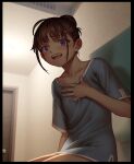  1girl as109 blue_eyes brown_hair commentary_request highres indoors looking_at_viewer original sad_smile tearing_up 
