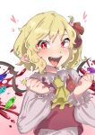  1girl ascot blonde_hair blood blood_splatter collar collared_shirt commentary_request crystal crystal_wings fangs flandre_scarlet frilled_collar frilled_sleeves frills gradient_background hair_ornament hair_ribbon hands_up heart heart_hair_ornament highres light_blush long_sleeves looking_at_viewer medium_hair no_headwear open_mouth pointy_ears puffy_long_sleeves puffy_sleeves red_eyes red_ribbon red_vest ribbon shirt side_ponytail slit_pupils smile sobayu_to_tenpura solo teeth touhou upper_body upper_teeth_only vest white_shirt wings yellow_ascot 