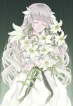  1girl black_ribbon closed_eyes commentary_request dress ender_lilies_quietus_of_the_knights enodin flower grey_hair hair_ornament highres holding holding_flower jewelry lily_(ender_lilies) lily_(flower) long_hair necklace pendant rain ribbon solo wavy_hair white_dress white_flower 