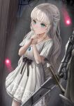  1boy 1girl absurdres blue_eyes commentary dress ender_lilies_quietus_of_the_knights expressionless grey_dress grey_hair highres holding holding_sword holding_weapon jewelry knight lily_(ender_lilies) long_hair looking_up necklace own_hands_clasped own_hands_together pendant rain silvertsuki solo_focus spirit sword umbral_knight_(ender_lilies) weapon 