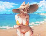 absurd_res altima beach bikini breasts cleavage clothed clothing curved_horn equid equine fan_character fur hair hasbro hat headgear headwear hi_res horn looking_at_viewer mammal mashiro_sssinohu my_little_pony red_eyes sea seaside shadow solo summer_hat swimwear ultima_(oc) unicorn water white_body white_fur white_hair wide_brim_hat