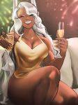  1girl :d alternate_hairstyle animal_ears bare_arms bare_shoulders blurry blurry_background boku_no_hero_academia breasts champagne_flute cleavage closed_eyes cup dark-skinned_female dark_skin drinking_glass english_commentary fingernails fireworks gold_dress gold_nails happy_new_year highres holding holding_cup large_breasts long_eyelashes long_fingernails long_hair looking_at_viewer mirko nail_polish rabbit_ears rabbit_girl sitting smile solo teeth thick_thighs thighs toned very_long_hair wavy_hair white_hair zukululuu 