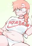  1girl absurdres blue_eyes braid breasts clothes_writing colo_(nagrolaz) crop_top english_commentary glasses grabbing highres large_breasts long_hair midriff navel orange_hair original plump rita_(sweethex) shirt solo surprised tied_shirt 