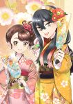  2girls :d alternate_costume black_hair black_sash brown_eyes brown_hair carmine_(pokemon) character_print closed_mouth commentary_request crossed_bangs dragonair dragonite dratini eyelashes hair_between_eyes hair_ornament holding japanese_clothes juliana_(pokemon) kimono long_hair mole mole_under_eye morisawa_machi multiple_girls open_mouth paddle pink_kimono pokemon pokemon_sv sash side_ponytail smile yellow_kimono yellow_sash 