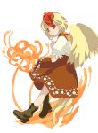  1girl bird_girl bird_tail blonde_hair closed_mouth commentary_request flower full_body hands_up kaigen_1025 multicolored_hair niwatari_kutaka puffy_short_sleeves puffy_sleeves red_eyes red_hair shirt short_hair short_sleeves simple_background smile solo spider_lily tail touhou two-tone_hair white_background white_shirt yellow_wings 