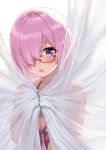  1girl blush breasts cleavage collarbone commentary_request curtain_grab curtains eyebrows_visible_through_hair fate/grand_order fate_(series) glasses hair_over_one_eye highres jjeono large_breasts lavender_hair looking_at_viewer mash_kyrielight open_mouth pink_bikini_top pink_hair purple_eyes purple_hair short_hair solo white_bikini_top 