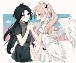  2girls agape_(shtdn) angel angel_wings black_dress black_eyes black_hair blonde_hair blush closed_mouth dress facing_to_the_side fang goyou_(shtdn) halo highres holding_hands long_hair looking_at_another mapoasa72 multiple_girls open_mouth shirt short_sleeves shtdn skirt smile twintails white_shirt white_skirt wings yellow_eyes 