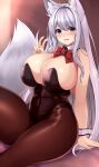  1girl animal_ear_fluff animal_ears blush bow bowtie breasts brown_pantyhose cleavage detached_collar fox_ears fox_girl fox_tail grey_eyes grey_hair highres huge_breasts long_hair looking_at_viewer nervous original pantyhose playboy_bunny red_bow red_bowtie sogaya solo tail v very_long_hair wrist_cuffs 