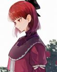  1girl arima_kana black_ribbon bob_cut closed_mouth dress hair_ribbon inverted_bob light_smile oshi_no_ko red_eyes red_hair red_shirt redlittleplum ribbon shirt short_hair solo upper_body white_background 