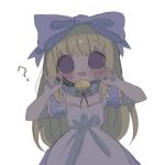  1girl :3 ? black_souls blonde_hair blue_bow blue_dress blue_eyes blush bow collar dress hair_bow highres holding open_mouth petite q7g7q sidelocks simple_background solo tagme white_background 