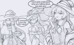  3girls :d absurdres braid capelet commentary crossover egalo elaina_(majo_no_tabitabi) english_commentary english_text genshin_impact greyscale hand_on_own_hip hat highres holding holding_staff long_hair looking_to_the_side mage_staff majo_no_tabitabi mona_(genshin_impact) monochrome multiple_girls mushoku_tensei own_hands_together roxy_migurdia simple_background smile speech_bubble staff upper_body white_background witch_hat 