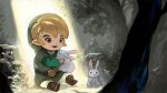  1boy belt brown_footwear brown_hair chibi green_headwear green_tunic holding_rabbit link male_focus minato_(minat0) pants pointy_ears rabbit signature sitting solo sunlight the_legend_of_zelda tree white_pants 