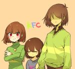  1boy 2girls blush brown_hair chara_(undertale) closed_eyes commentary_request deltarune frisk_(undertale) hair_over_eyes jewelry komugiko_(bitte_komu) locket multiple_girls pendant red_eyes short_hair undertale 