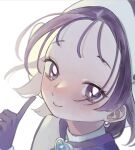 1girl blush brooch close-up commentary_request hat heart index_finger_raised jewelry kanikamaseiun looking_at_viewer ojamajo_doremi purple_eyes purple_hair segawa_onpu short_hair simple_background smile solo white_background 