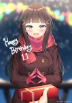  1girl absurdres birthday black_hair blunt_bangs blush box dated english_commentary gift gift_box green_eyes hair_ornament happy_birthday highres hime_cut holding holding_gift kurosawa_dia long_hair looking_at_viewer love_live! love_live!_sunshine!! mole mole_under_mouth nabunabu pov scarf sidelocks smile straight_hair upper_body 