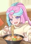  1girl alternate_costume aqua_hair blurry blurry_background bowl chopsticks commentary_request depth_of_field egg_(food) fang food holding holding_chopsticks hood hoodie indoors iono_(pokemon) mizuiro123 multicolored_hair noodles open_mouth pink_hair pokemon pokemon_sv ramen rotom rotom_phone skin_fang solo table two-tone_hair upper_body yellow_hoodie 
