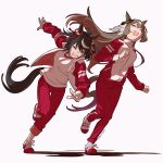  2girls animal_ears black_hair bob_cut braid brown_hair closed_eyes commentary ear_ornament french_braid full_body gym_uniform half_updo highres horse_ears horse_girl horse_tail jacket kitasan_black_(umamusume) long_hair multicolored_hair multiple_girls open_clothes open_jacket pants red_jacket red_pants red_ribbon red_track_suit ribbon satono_diamond_(umamusume) shirt shoes simple_background sneakers streaked_hair tail teddy_(takarada) tracen_training_uniform track_jacket track_pants twitter_username two-tone_hair umamusume white_background white_footwear white_hair white_shirt 