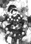  1girl book capelet closed_mouth commentary_request doremy_sweet dress greyscale hat holding holding_book kaigen_1025 knees_out_of_frame looking_at_viewer monochrome pom_pom_(clothes) short_hair smile solo touhou 