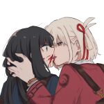  2girls backpack bag black_hair blonde_hair blood blood_on_face blue_dress bob_cut commentary_request dress eye_contact hair_ribbon hand_on_another&#039;s_head highres inoue_takina licking licking_another&#039;s_face licking_blood long_hair long_sleeves looking_at_another lycoris_recoil lycoris_uniform multiple_girls nishikigi_chisato one_side_up purple_eyes red_dress red_eyes red_ribbon ribbon short_hair sidelocks simple_background tongue tongue_out upper_body watch white_background wristwatch yarou_(0tyaro) yuri 