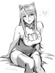  animal_ears bell cat_cutout cat_ears clothing_cutout collar greyscale heart highres long_hair monochrome muscular muscular_female on_bed original roarke_(lavenderincubus) signature smile 