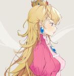  1girl bird blonde_hair blue_eyes breasts chest_jewel closed_mouth colored_eyelashes crow dress earrings facing_to_the_side grey_background hair_between_eyes highres jewelry long_hair mario_(series) medium_breasts nachoz_(nachozart) parted_lips pink_dress princess_peach profile puffy_short_sleeves puffy_sleeves short_sleeves solo upper_body 