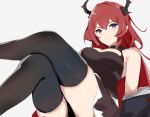  1girl arknights bare_shoulders black_dress breasts cleavage closed_mouth commentary_request crossed_legs demon_horns dress grey_background hair_between_eyes horns large_breasts long_hair looking_at_viewer purple_eyes raifu_(rf) smile solo surtr_(arknights) thighhighs very_long_hair 