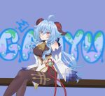  1girl ahoge blue_background blue_hair blush breasts character_name ganyu_(genshin_impact) genshin_impact gloves graffiti highres horns long_hair looking_at_viewer non-web_source self-upload simple_background sitting sitting_on_bench solo 