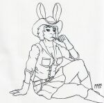 anthro arm_support belt black_and_white boots bottomwear breasts cleavage clothed clothing cowboy_boots cowboy_hat cowgirl_outfit female footwear fully_clothed gloves handwear hat headgear headwear kaia_(sojourn) lagomorph leporid looking_at_viewer mammal monochrome oneflymagpie rabbit shirt_pocket simple_background sitting skirt solo traditional_media_(artwork)