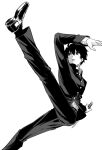  1boy commentary_request foot_out_of_frame gakuran greyscale high_kick holding holding_knife kicking knife loafers male_focus melty_blood metarogu monochrome nanaya_shiki school_uniform shoes simple_background solo tsukihime 