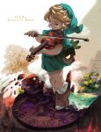  1boy blonde_hair blue_eyes brown_footwear copyright_name flower full_body green_headwear green_tunic holding holding_bow_(music) holding_instrument holding_violin instrument link looking_to_the_side male_focus mask minato_(minat0) purple_flower short_hair solo the_legend_of_zelda the_legend_of_zelda:_majora&#039;s_mask tree violin water yellow_flower young_link 