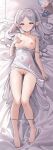  1girl barefoot breasts censored character_doll covered_navel dakimakura_(medium) elf frieren green_eyes highres long_hair looking_at_viewer lying mosaic_censoring nipples on_back on_bed otakueden1995 panties parted_bangs pillow pointy_ears pussy small_breasts solo sousou_no_frieren toes twintails underwear white_hair white_panties 