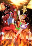  &gt;_&lt; 1boy 1girl apron arm_up armor back_bow belt blonde_hair bodysuit bow brooch bun_cover chinese_clothes chinese_zodiac choker clenched_hand commentary_request crossover cure_yum-yum delicious_party_precure double_bun dragon dress drill_hair fighting_stance fire full_body gloves gosei_sentai_dairanger hair_bun hanamichi_ran hat heart heart_brooch highres huge_bow jewelry magical_girl mask mem-mem_(precure) non-humanoid_robot open_mouth pink_eyes precure red_bow robot robot_dragon ryuu_ranger_(dairanger) ryuuseioh sharp_teeth shoes sleeveless super_sentai teeth tirofinire twin_drills white_gloves year_of_the_dragon yellow_bow 