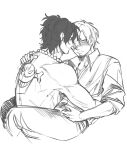  2boys back_tattoo blush closed_mouth commentary couple curly_eyebrows english_commentary facial_hair freckles hair_over_one_eye hair_tie hand_on_another&#039;s_shoulder highres hug jewelry looking_at_another male_focus monochrome multiple_boys necklace one_piece pants portgas_d._ace sanji_(one_piece) shirt short_hair short_ponytail sitting sketch sleeves_rolled_up smile tattoo toned toned_male topless_male xve009 yaoi 