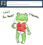 amphibian anthro ask_blog barefoot beverage bodily_fluids briefs clothing coffee_cup container cup dialogue english_text feet frog green_body green_skin holding_beverage holding_object male nintendo pantsless red_clothing red_shirt red_t-shirt red_topwear shirt sleepwear slippy_o&#039;donnell slippy_toad smile solo star_fox sweat t-shirt text tighty_whities topwear tumblr underwear white_briefs white_clothing white_underwear y-fronts