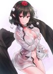  1girl black_hair black_ribbon black_wings bottomless breast_hold breasts cleavage closed_mouth commentary gradient gradient_background hair_between_eyes hat large_breasts long_sleeves looking_at_viewer naked_shirt naughty_face navel no_bra pointy_ears pom_pom_(clothes) red_eyes ribbon ribbon_trim shameimaru_aya shirt smile solo tokin_hat touhou white_shirt wing_collar wings y2 