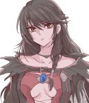  1girl bandaged_arm bandages bare_shoulders black_hair braid breasts closed_mouth eyelashes hair_between_eyes highres long_hair looking_at_viewer solo sumiko_(sumikop) swept_bangs tales_of_(series) tales_of_berseria upper_body velvet_crowe white_background yellow_eyes 