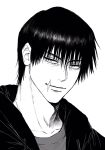  1boy collarbone fushiguro_touji greyscale highres jujutsu_kaisen looking_at_viewer male_focus monochrome portrait scar scar_on_face short_hair solo sso_s white_background 